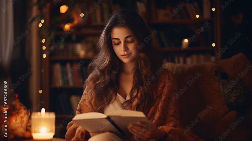 Cozy autumn at home, a woman with tea and a book resting. A cozy way of life Cozy autumn at home, a woman with tea and a book resting. A cozy way of life