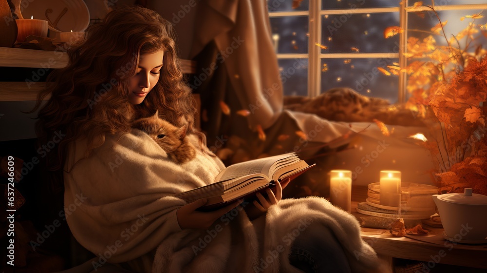 Cozy autumn at home, a woman with tea and a book resting. A cozy way of life
