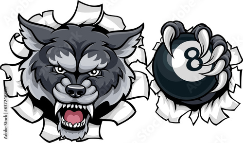 A wolf angry mean pool billiards mascot cartoon character holding a black 8 ball.