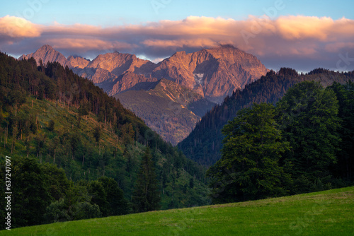 Fototapeta Naklejka Na Ścianę i Meble -  Peaks of the High Tatras photographed from a mountain glade at sunset