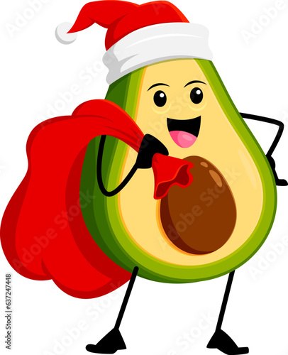Cartoon mexican Santa avocado character with gifts bag. Isolated vector Xmas Father Noel tropical fruit or vegetable personage. Saint Nicholas deliver presents and spreading festive spirit and joy.