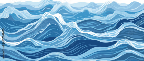 Blue ripples and water splashes waves surface flat style design vector illustration. Sea or river splashes water texture background. A restless surface of the sea, ocean, lake or river sways in waves