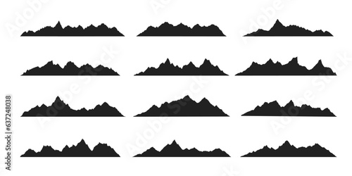 Mountain ridges peak silhouettes flat style design vector illustration set isolated on white background. Rocky mountains peaks with various ranges outdoor nature landscape background design elements.