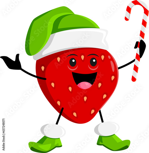 Cartoon Christmas holiday strawberry berry character wearing an elf hat, joyfully holding a candy cane, adding festive cheer to celebration. Isolated vector cheerful garden berry personage celebrate