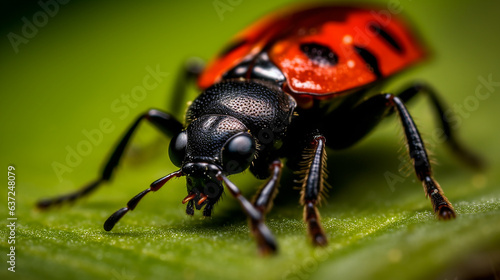 Close-up of a red ladybug on a green leaf. © alionaprof