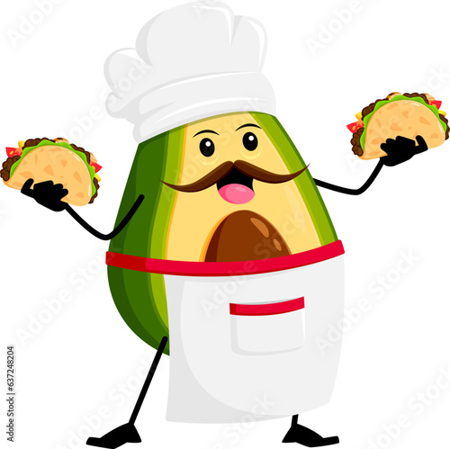 Cartoon mexican chef avocado character with tacos. Isolated vector kitchener personage wear toque hat and apron, holding tex mex food and wearing a friendly smile, adding a playful touch to culinary