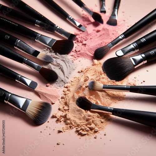 An arrangement with many cosmetic makeup tools close together, in the style of vibrant colorism
