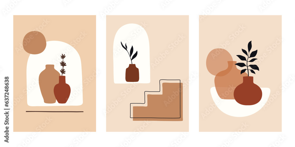 three abstract posters, boho prints with leaves, pottery and abstract shapes, earthy tones wall art, vector illustration