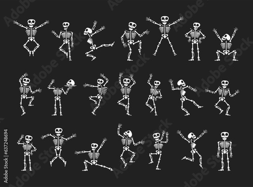 Skeletons dancing with different positions flat style design vector illustration set. Funny dancing Halloween or Day of the dead skeletons collection. Creepy, scary human bones characters silhouettes.