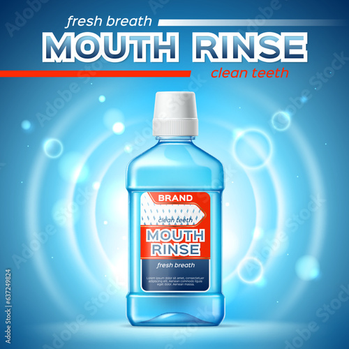 Realistic mouth wash, mouth rinse bottle 3d mockup. Vector mouthwash, oral care and dental hygiene product for clean teeth and fresh breath. Plastic bottle with blue mouthwash liquid, ad poster