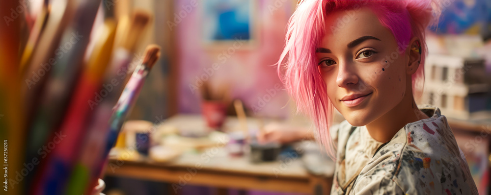 Vibrant young painter, pink-haired, adorned in color-splattered smock with brush in hand. Sideways pose leaving ample empty space. Soft focus reveals a sunny studio.