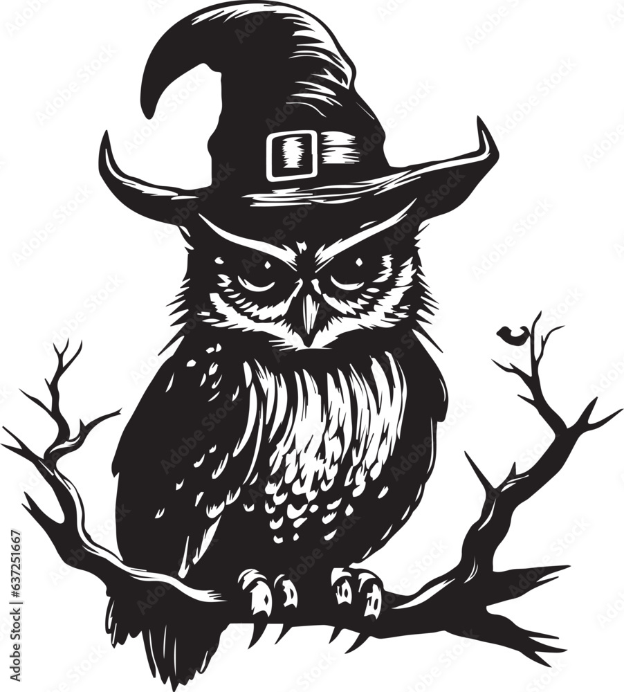 Owl in a witch hat, halloween scary owl, Vector illustration, SVG Stock ...