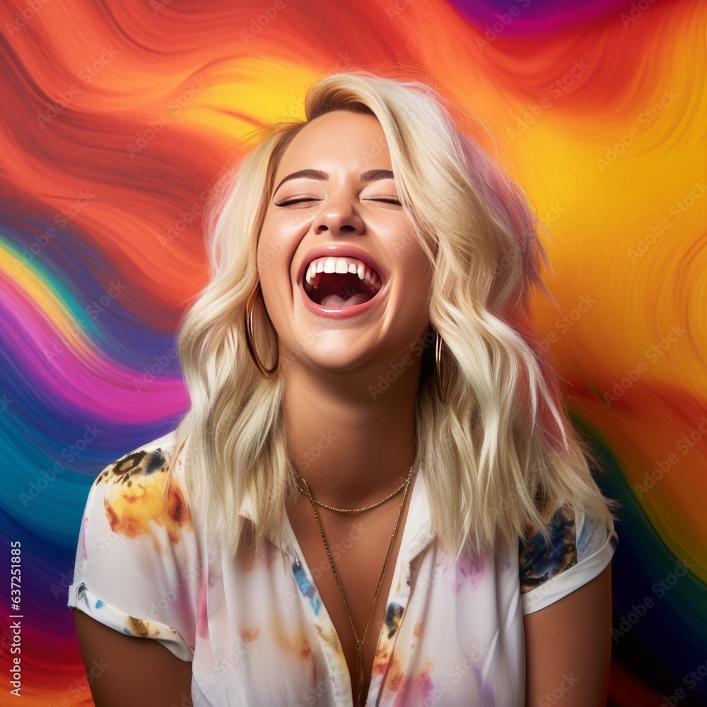 blonde girl laughing out loud on colorful background