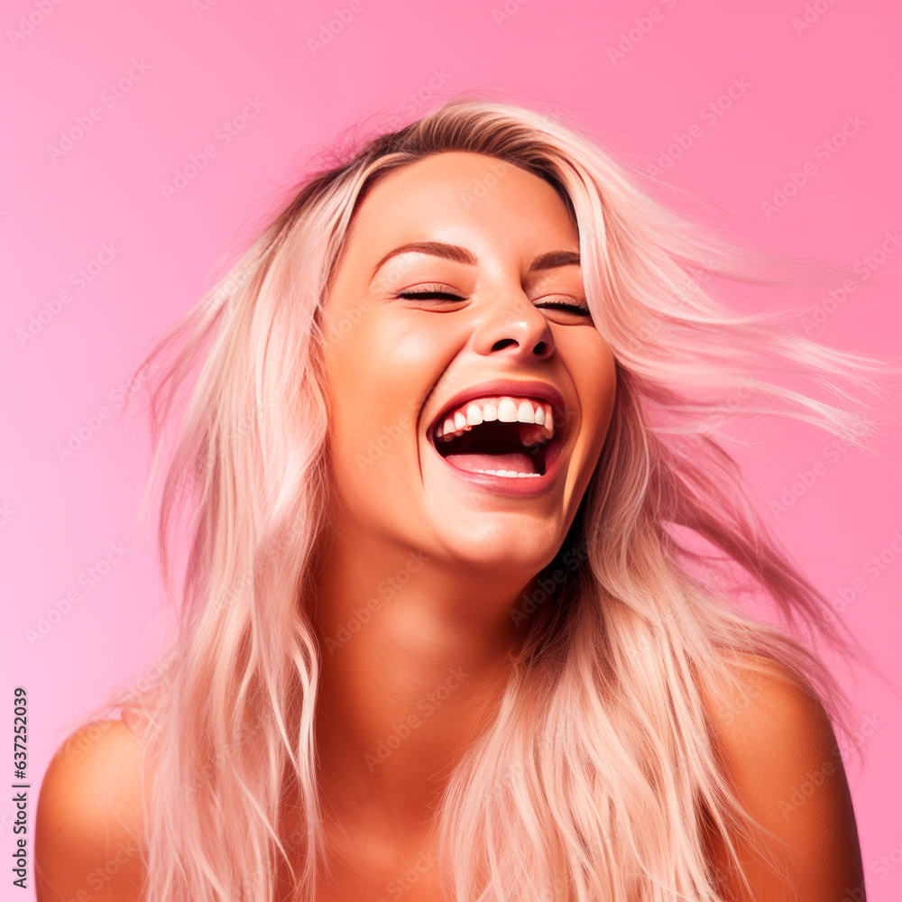 Positive young caucasian lady with tousled hair smiles broadly teeth on pink  background. Blonde looks away . Emotion concept