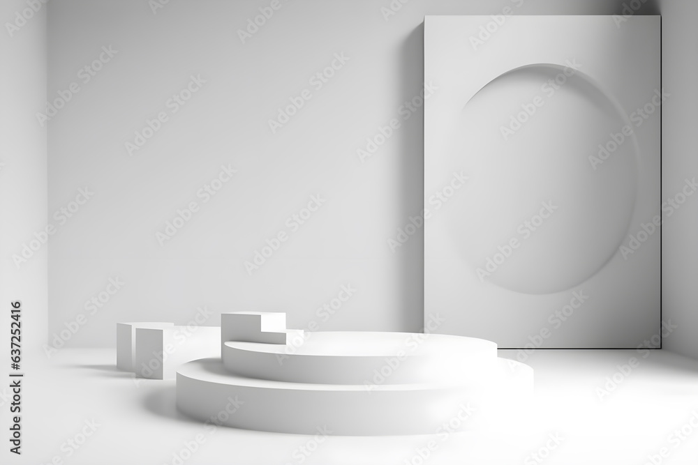 3d render of white round podium on the wooden floor in the modern room. AI Generative Illustration. Podium for product shoot. Minimal Display for product. 3d render of white round podium on the wooden floor in the modern room. AI Generative Illustration. Podium for product shoot. Minimal Display for product.