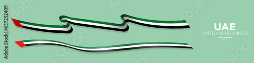 3d Rendered United Arab Emirates Flag Ribbons with shadows, isolated on white background. UAE Shiny Flag ribbons. Curled and rendered in perspective. Graphic Resource. Editable Vector Illustration.
