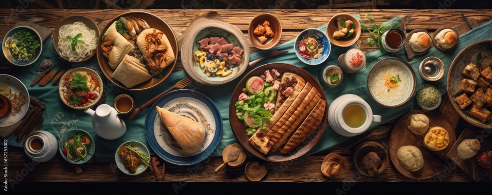 Assorted oriental traditional food. top view. panorama photo