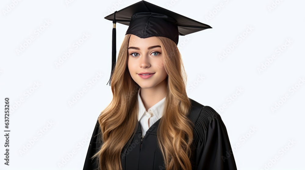 Young woman in graduation cap and gown Young woman in graduation cap and gown