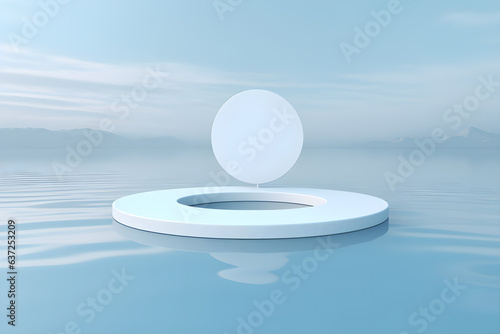 3d render of white podium in the desert with waves and blue sky AI Generative Illustration. Podium for product shoot.