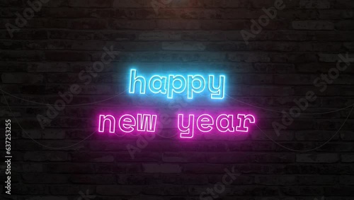 Happy new year with neon text effect in wall background. Seamless looping video