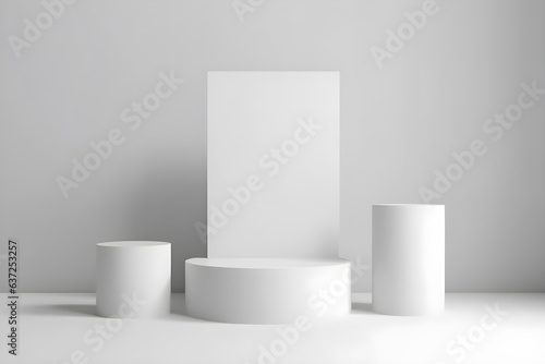 3d render of white round podium on the wooden floor in the modern room. AI Generative Illustration. Podium for product shoot. Minimal Display for product. © PTC_KICKCAT