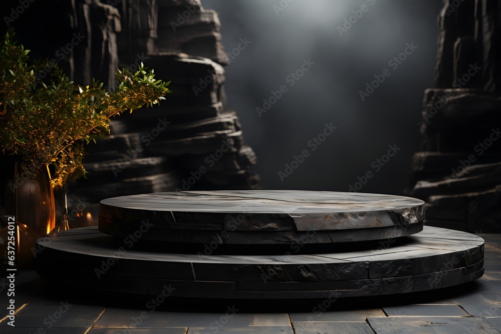 Fototapeta premium Black marble podium on a dark background. 3d rendering mock up AI Generative Illustration. Podium for product shoot.