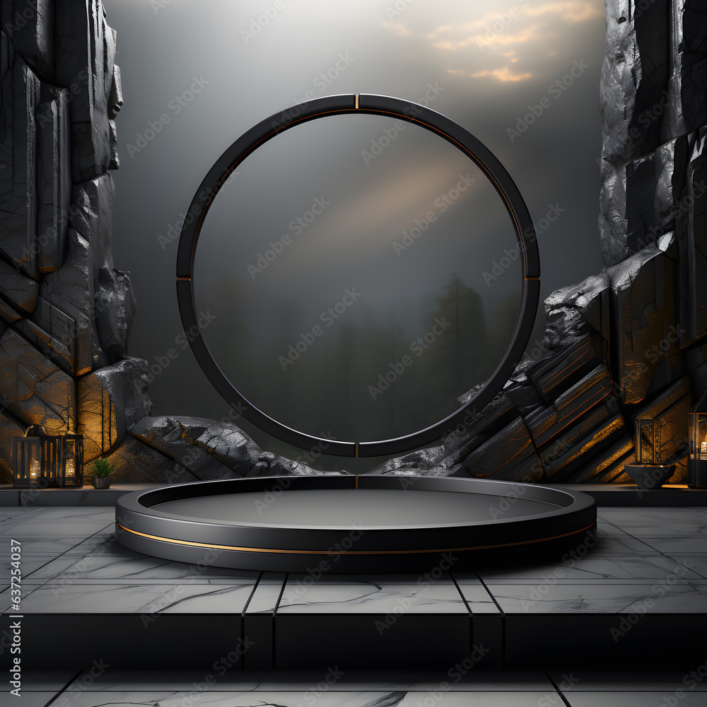 Black marble podium on a dark background. 3d rendering mock up AI Generative Illustration. Podium for product shoot. Black marble podium on a dark background. 3d rendering mock up AI Generative Illustration. Podium for product shoot.
