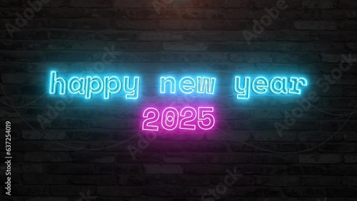 Happy new year 2025 with neon text effect in wall background. Seamless looping video