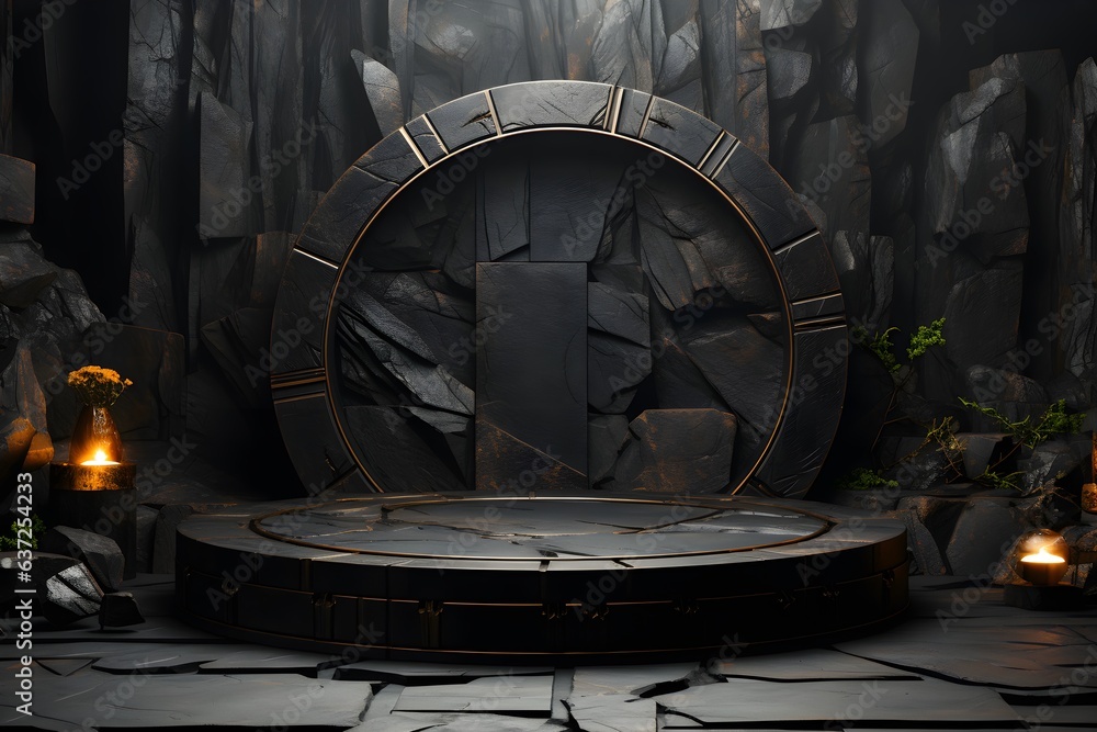 Obraz premium Futuristic dark room with stone floor, 3d render. AI Generative Illustration. Podium for product shoot.