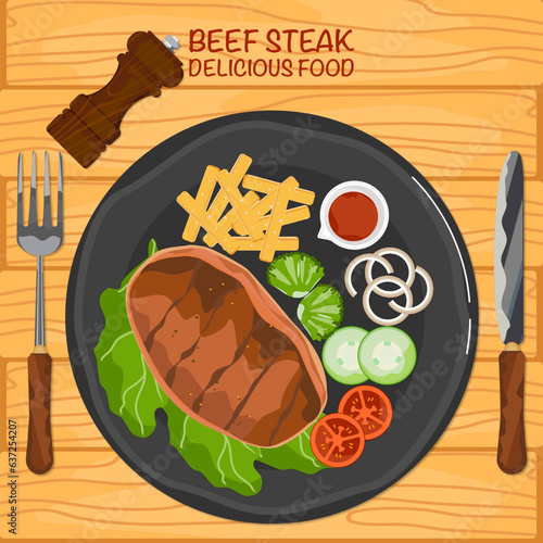 lamb chops on a plate, top view, isolated on wood grain background illustration vector.