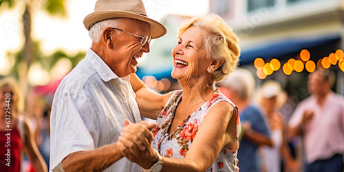 Joyful retired couple dancing on a vibrant Florida boardwalk with lively crowd and colorful shops subtly blurred in background.