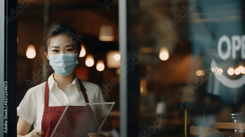 Woman coffee shop with face mask opens after lockdown quarantine. Open. barista, waitress woman wearing protection face mask turning open sign board on glass door in modern cafe coffee shop