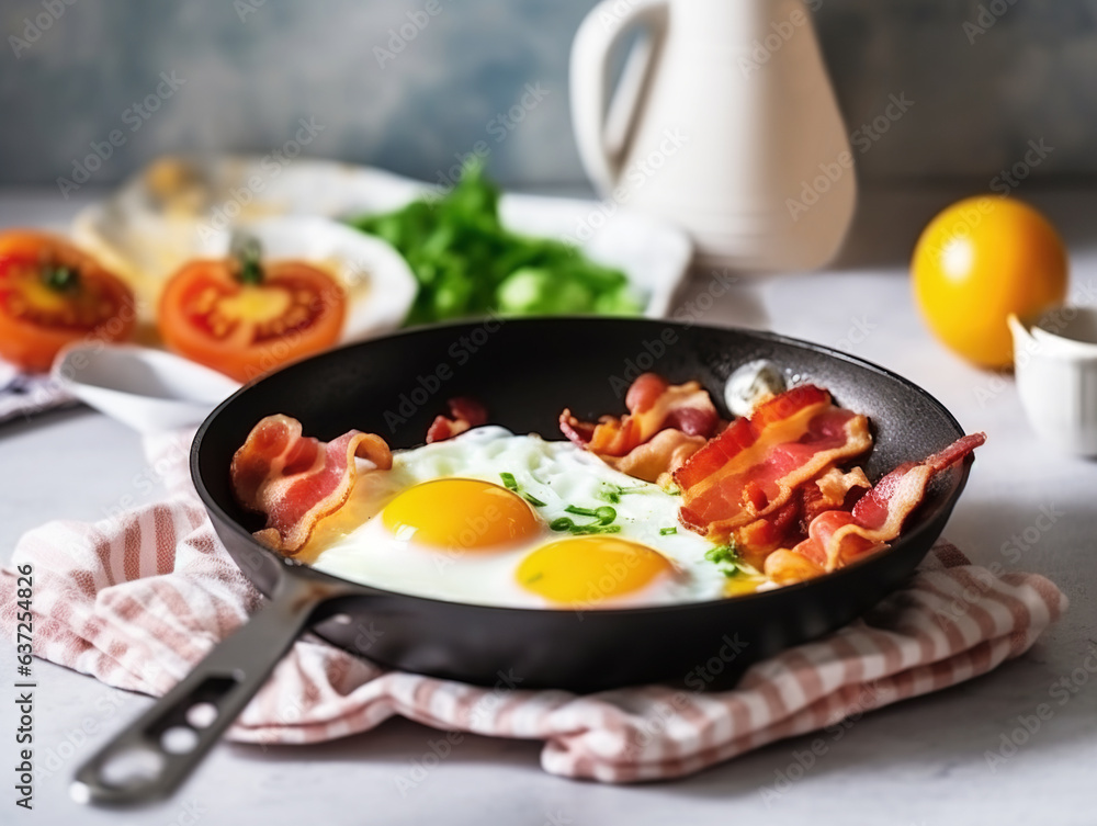 Fried egg with bacon and herbs in a frying pan on a white background with tomatoes and spicy close-up. Generated AI. The concept of a delicious and nutritious breakfast Fried egg with bacon and herbs in a frying pan on a white background with tomatoes and spicy close-up. Generated AI. The concept of a delicious and nutritious breakfast