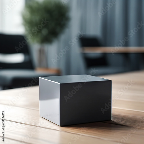 Dark gray cube or box empty for product demonstration or mock-up on a wooden table in office interrior. Generated AI. Trendy neutral aesthetic stand. © Kufotos