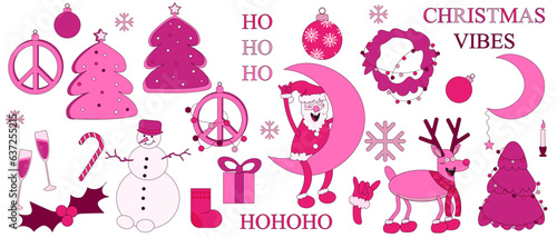Big Pink Christmas set with Groovy xmas Character in trendy Y2K style. Collection of Holiday icon, sticker, symbol and elements isolated on white background. Vector art. Emoticon Santa, reindeer.