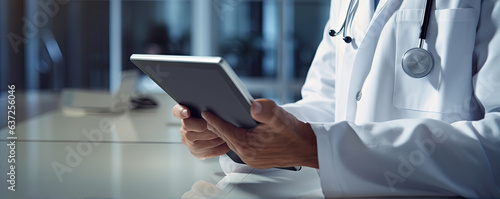 Doctor using digital tablet in hospital rooms. digital healthcare and medicine review.  banner