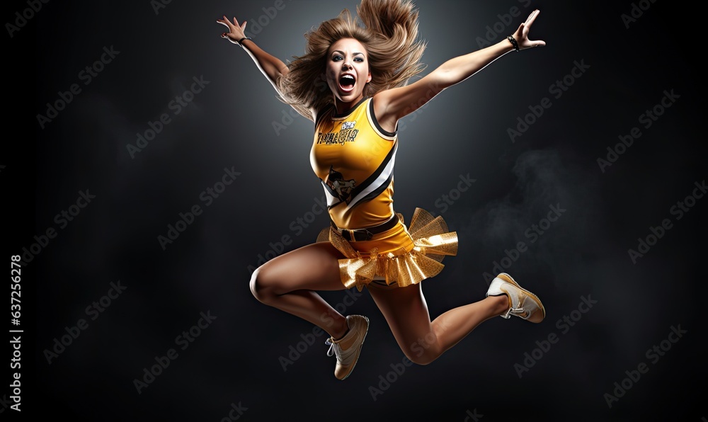 A woman in a cheerleader outfit performing a high jump