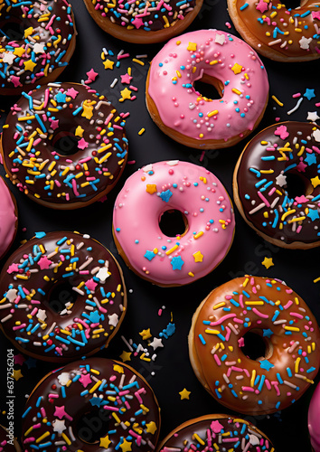 Sweet donuts in blue pink colors from top view. Assorted finest donuts