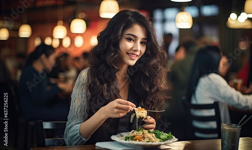A woman enjoying a delicious meal at a table