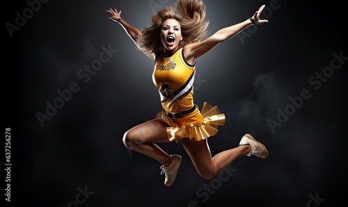 A woman in a cheerleader outfit performing a high jump