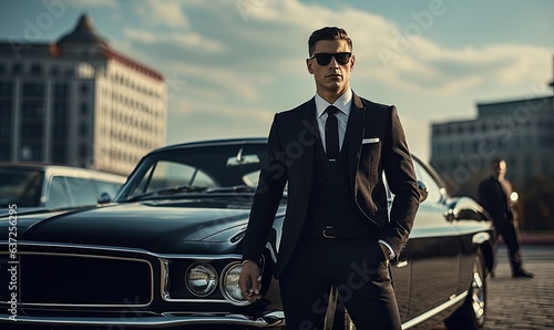 A stylish man posing next to a luxury car © uhdenis