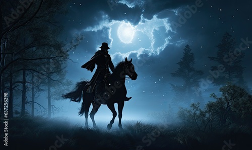 A man riding a horse under a full moon