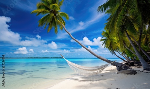 A relaxing hammock hanging from a palm tree on a beautiful tropical beach