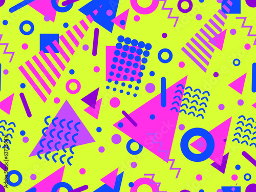 Geometric seamless pattern with memphis elements in 80s style. Colorful geometric pattern. Design of promotional products, wrapping paper and printing. Vector illustration