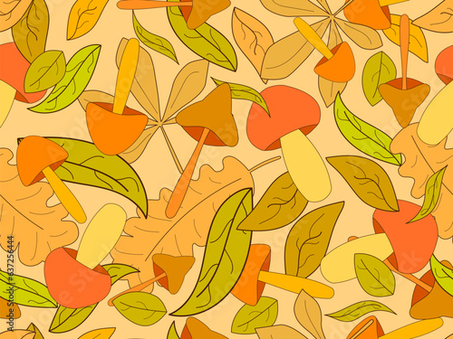 Autumn seamless pattern with leaves and mushrooms. Leaf fall, maple and oak leaves with different mushrooms. Design for wallpaper, print, typography and wrappers. Vector illustration