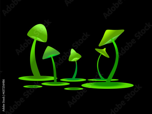 Green bioluminescent mushrooms on a black background. Fluorescent luminous mushrooms on a long stem. Bioluminescent fungi glow. Design for banner, poster and sign. Vector illustration