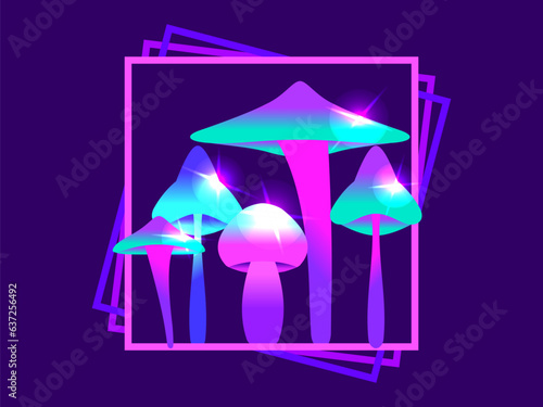 Magic mushrooms in a square frame. Fairy mushrooms with a bright glow. Fabulous fluorescent glowing mushrooms. Bioluminescent fungus. Design for poster and banner. Vector illustration