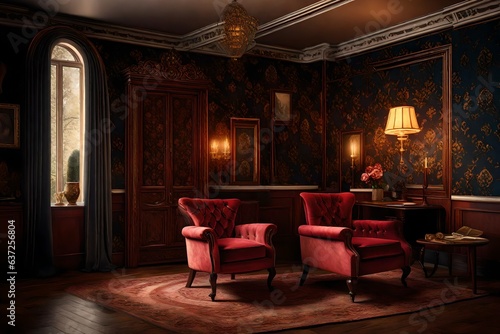 The room is adorned with luxurious furniture, including a plush armchair upholstered in deep velvet. Soft candlelight casts warm and inviting shadows, creating an ambiance of quiet elegance. 3d render © Ahtesham