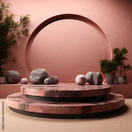 Black marble pedestal with black marble and plant. 3d rendering AI Generative Illustration. Podium for product shoot.