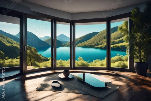 landscape nature view background. view from window at a wonderful landscape nature view, 3d render © Ahtesham
